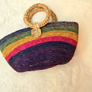 Mini Straw Bag in a Multicolor Woven Design with Round Handles Cute, Boho Style